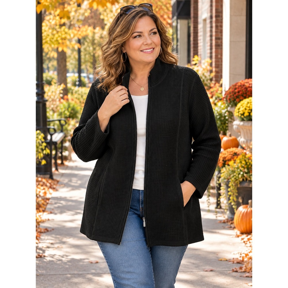 Eileen Fisher Textured Womens Zip Front Cardigan Jacket Black Minimalist 2X USA